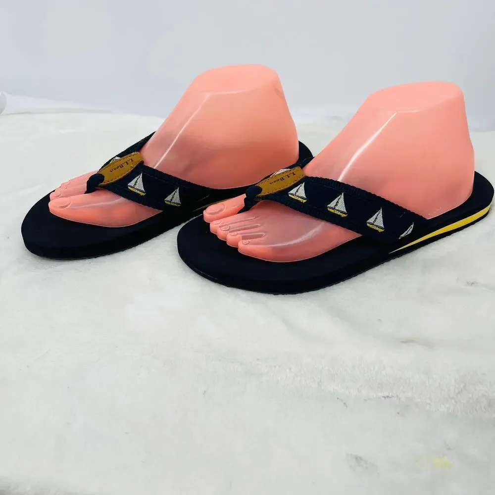 L.L. BEAN Women's Navy & Yellow Sailboat Flip Flop Sandals 9  Nautical Coastal